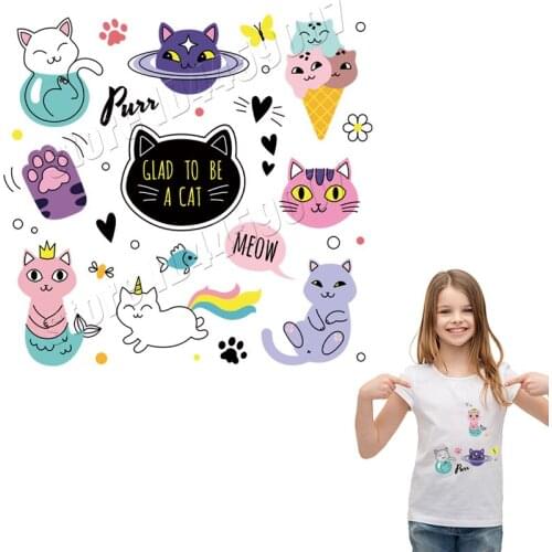 Cute Cat Set Stickers For Children Washable Patches DIY Parches Stickers Ironing On Applique Easy Print By Household Irons