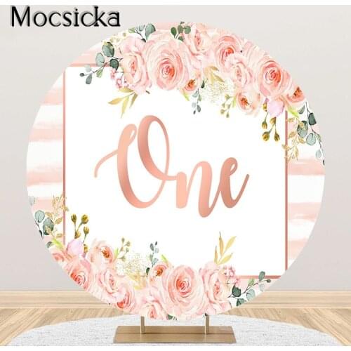 Mocsicka 1st Birthday Girl Photography Background Rose Gold Flower Birthday Party Decoration Round Circle Backdrop Cover Elastic