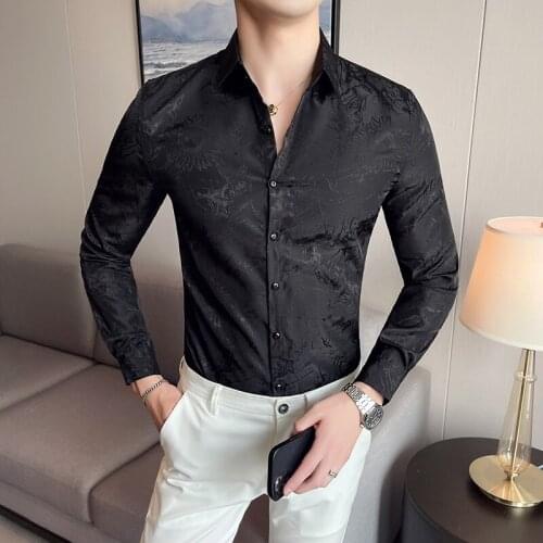 Vintage Printed Shirts for Men 2021 Autumn Long Sleeve Slim Business Shirt Casual Classic Social Formal Dress Camisa Para Hombre