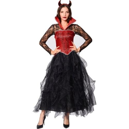 New Evil Halloween Queen Cosplay Witch Horn Demon Costume Stage Dress Party Dress