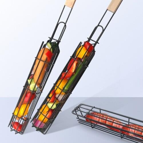 Portable BBQ Grilling Basket Stainless Steel Barbecue Grill Basket Roasting Meat Wooden Handle Sausage Clip Barbecue Tools