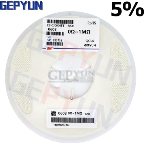 1Reel (5000PCS) 0603 Resistor SMD 5% 0 ohm ~ 10M ohm 1K 2.2K 10K 100K 1 10 100 150 220 330 ohm Gepyun resistance
