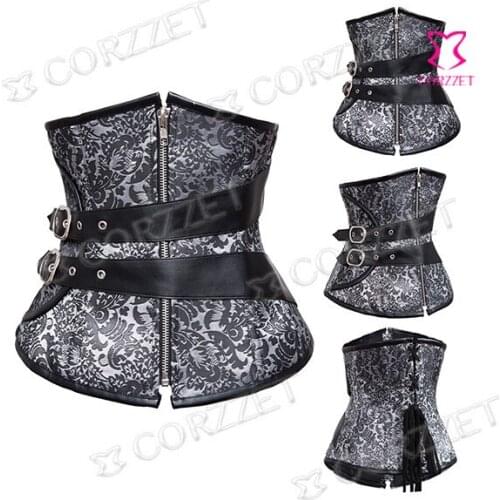 Grey Sexy Gothic Front Zipper Steel Boned Underbust Corset Women Steampunk Corsets Bustiers Waist Trainer&Slimming Body Shaper