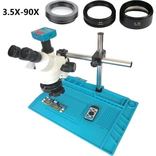 Single arm support 3.5X 7X 45X 90X Trinocular Stereo Microscope+ 30MP HDMI Digital Video USB Microscope Camera +144 Led lights