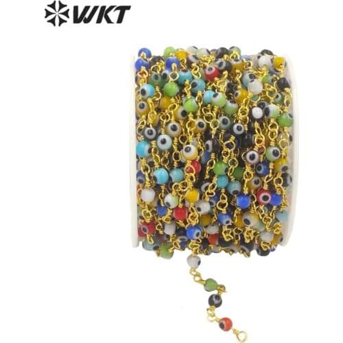 WT-RBC184 Wholesale 4mm round gold evil eye handmake wire wrapped brass turkey eyes chain fashion jewelry findings chain