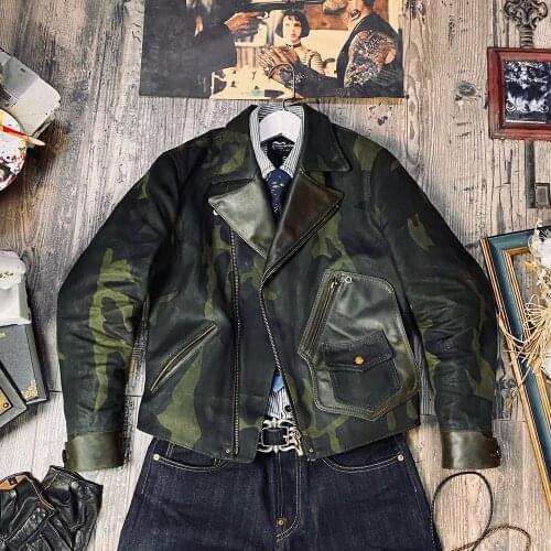 YR!Free shipping.2021 Brand new genuine leather jacket.Quality Heavy oil wax canvas coat.camouflage Spliced clothes