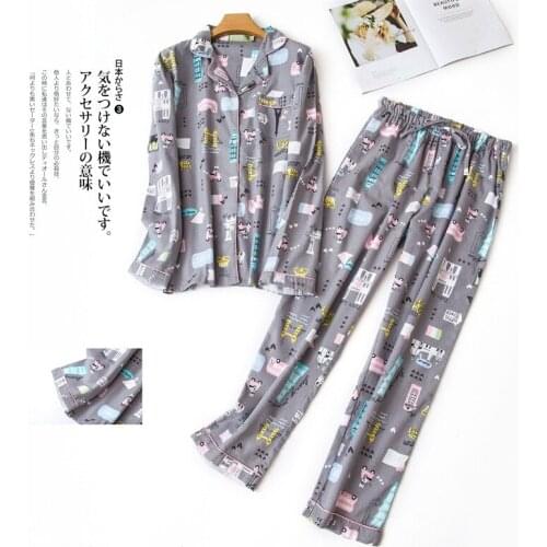 100% Cotton Womens Pajamas Sets Women Home Clothes 2020 Autumn Winter Pyjamas Print Long Sleeve Turn-down Collar Sleepwear Suit