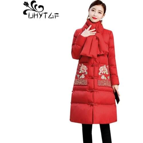 UHYTGF Women winter coats Down jacket long parka women Retro embroidered pocket casual female coat thick warm plus size tops 966