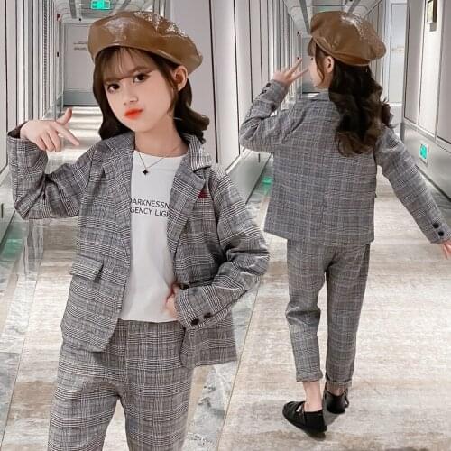 Teen Girls Clothing Set Kids Formal Clothes Plaid Jackets Pants Suit Children Costume 2021 Spring Autumn School Girls Outfits
