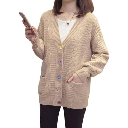 Women Knitted Coats 2019 Spring and autumn Loose Long Sleeve Cardigans Women Casual Single Breasted Pockets Sweater Female