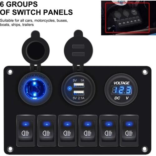 5/6 Gang Rocker Switch Panel With Fuse 12V-24V with Dual USB Slot Socket Digital Voltage Display for Marine Car Truck Waterproof