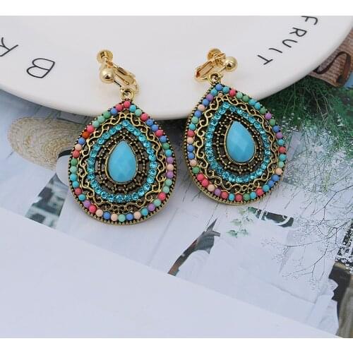 Bohemian Vintage Resin Multicolor Bead Clip Earrings For Women Withuot Piercing Ethnic Large Dangle Ear Clip Statement Jewelry