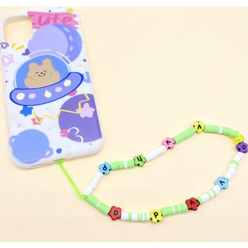 Letter Beaded Anti-lost Phone Charm Chain Rainbow Soft Ceramic Lanyard Strap Mobile for Girls Phone Choker Keys String