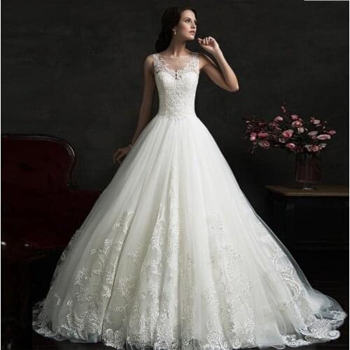 Elegant O-neck Lace Light Wedding Dress With Train 2021 Luxury Back Zipper Ball Gown Princess Luxury Vestido De Noiva Plus Size