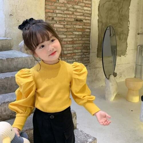 Girls Long Sleeve Cotton Tops Autumn New Kids Puff Sleeve Candy Color T Shirt Girls Top Pincess Knitted Shirt Solid Blouse