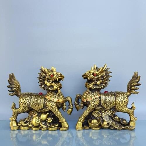 13" Chinese Seikos Bronze Lucky Kylin Statue Qi Li Rui Beast Pair Dragon head and lion body Implication Ward off evil spirits