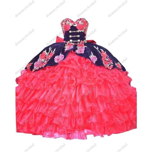 Fashion Black Velvet Red Organza Ball Gown Sweetheart Quinceanera Dresses Puffy Charro Ruffled 3D Floral Flower 2022 Big Bows XV