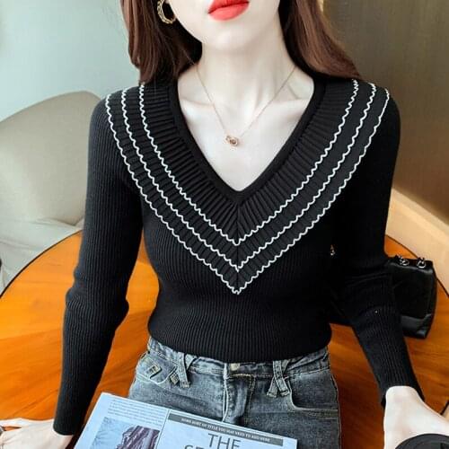 Fashion Ruffles Female Sweater Pullover Autumn Patchwork Women Sweaters Chiffon V Neck Jumpers Slim Long Sleeve Top Pull Femme