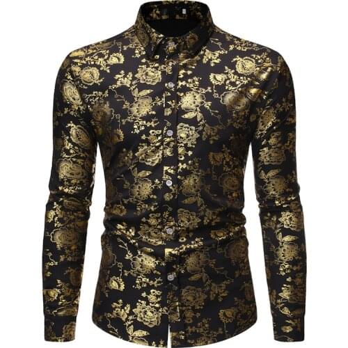 Luxury Black Gold Floral Print Shirt Men 2022 Autumn New Long Sleeve Mens Dress Shirts Party Nightclub Prom Baroque Shirt Male