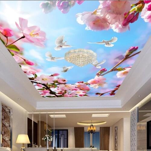 Custom 3D Wall Mural Beautiful Flowers Pigeons Blue Sky Suspended Ceiling Wallpaper Sitting Room Modern Home Decor Wall Papers