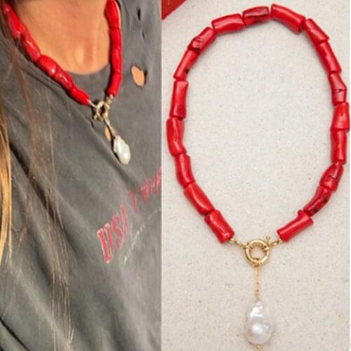 Baroque natural freshwater pearl pendant necklace red coral women short necklace bohemian fashion jewelry 2021 friendship choker
