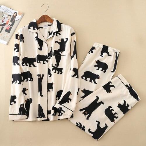 Sleepwear Cartoon Bear Print Pajamas Set Woman Man Spting Full Sleeve Homewear Cute Lounge Pijamas Nightwear