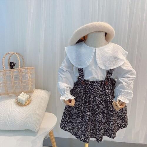 2-6 Y Toddler Girls Strap Dress Set Korean Cute Ruffle Puff Sleeve Blouses Floral Strap Dress 2 Pcs for Girl Kids Clothes Sets