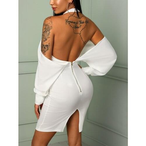 Pure White Dress Halter Neck Open Back Zipper Bag Hip Nightclub Evening Dress Dating Temperament Commuter Bag Hip Skirt Autumn