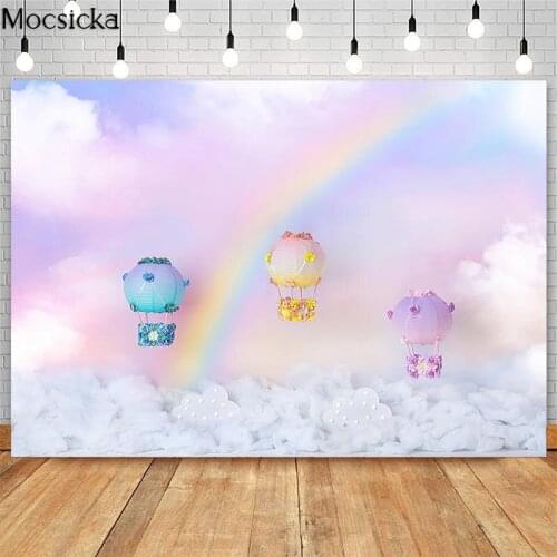 Pink Girl 1st Birthday Cake Smash Backdrops for Photography Rainbow Hot Air Balloon Decor Photo Props Studio Booth Background