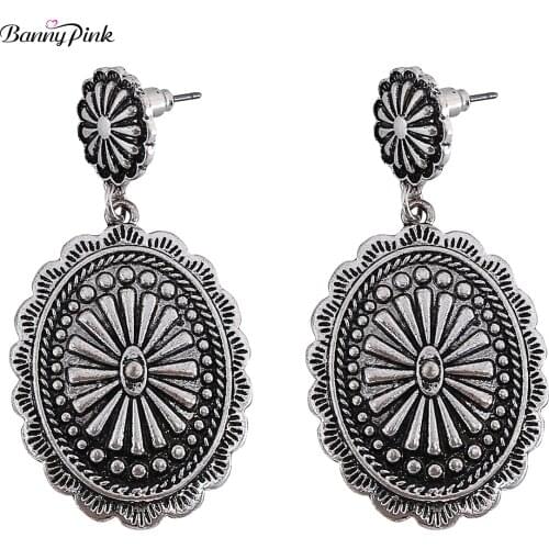 Banny Pink Tibetan Metal Carved Pendant Stud Earrings For Women Gypsy Statement Earrings Vintage Geometric Chandelier Earrings