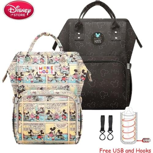 Disney Mickey Mouse Mummy Diaper Bags with USB Charging for Baby Care Nappy Nursing Bag Travel Maternity Backpack Handbag
