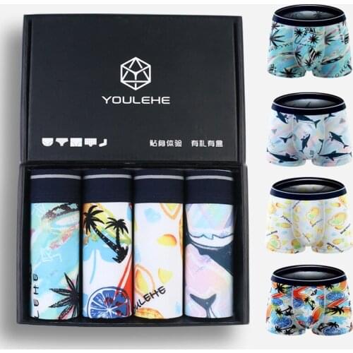4pcs/lot Boxer Men Beach Printed Breathable Comfort Underwear Boxers Hombre Elastic Waist Shorts Underpants Male Panties Gay