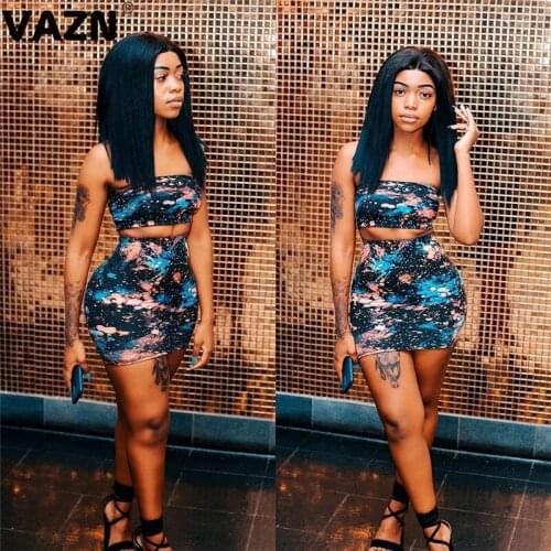 VAZN GMOS1896 Summer Beach Bohemian Strapless Bandage Colorful Sexy 2019 Set Sleeveless Short Pant 3 Piece Sets Night Club Sets