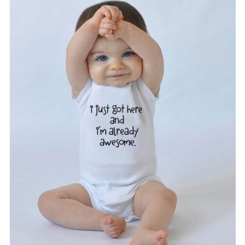 I Just Got Here and I'm Already Awesome Print Funny Newborn Baby Jumpsuit Infant Boys GirlsShort Sleeve Romper Outfit
