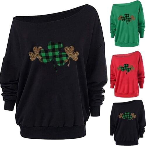 Women Casual Tops Skew Collar Shamrock Sprint Long Sleeve Sweaters tshirts casual Plus Size Black Green Camisetas Mujer_T-Shirt