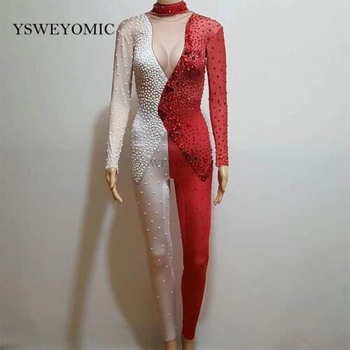 White Red 2 color mixed Crystal Jumpsuit for Women One Piece Big Stretch Costume Womens Party Outfit Stage Singer Show Wear