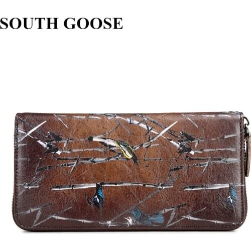 SOUTH GOOSE Genuine Leather Women Wallet Retro Long Purse Birds Embossing Clutch Wallets Large Female Card Holders Phone Bag