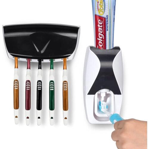 Automatic Toothpaste Dispenser + 5pcs Toothbrush Holder Set Bathroom Accessories Set Wall Mount Rack Toothpaste Squeezers