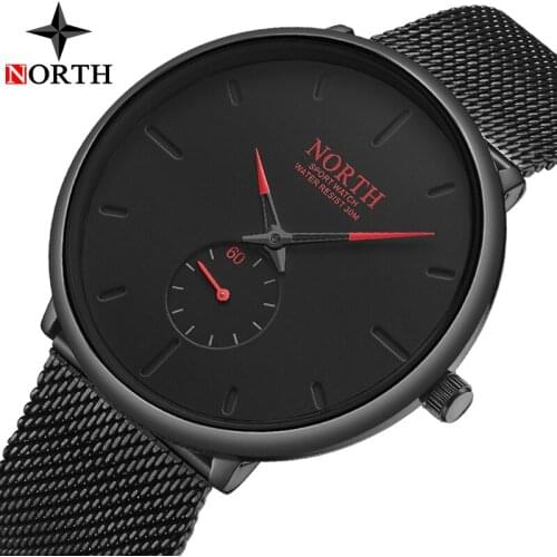 NORTH Mens Watches TopBrand Luxury Fashion Watch Men Black Stainless Steel Mesh Band Waterproof Quartz Watch Casual Sports Watch