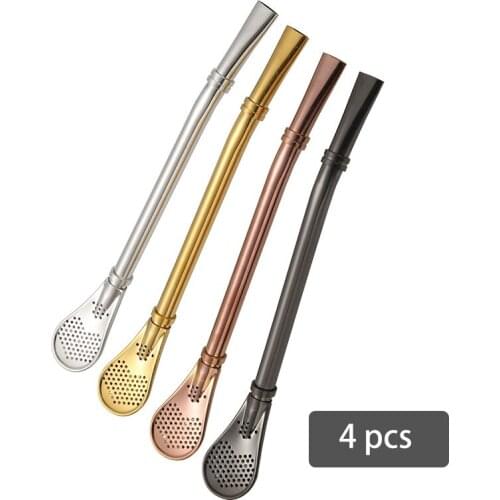 Eco Friendly Reusable Infuser Straw Tea Filter Spoon 4pcs set Gold Silver Black Gift