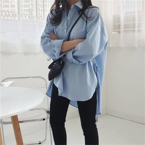 Elegant Shirts Womens Asymmetrical Blouse Womens Lace Up Blusas 2021 Oversized Button Lapel Shirt Tunic Top Female Tops 15899