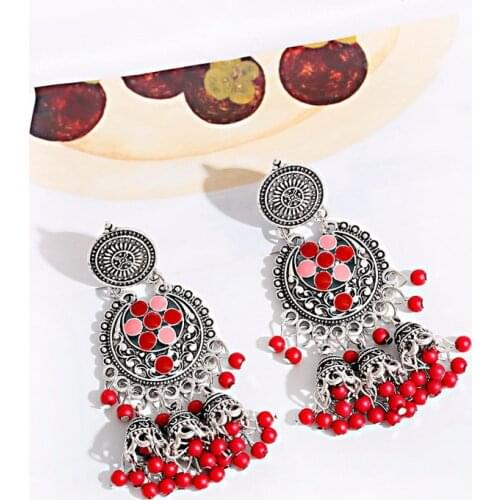 Ethnic Big Red Dangle Earrings Women Jhumka Indian Earrings Vintage Flower Drop Earring Beads Tassel Palace Orecchini Donna