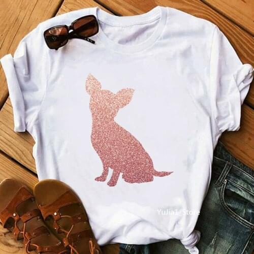 Pink Glitter Chihuahua Dog Print T Shirt WomenS Clothing Funny White Tshirt Femme Harajuku Kawaii Clothes Dog Lover T-Shirt