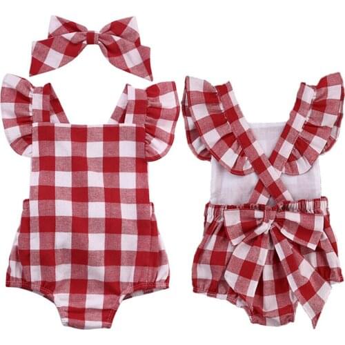 Newborn Infant Baby Girl Checks Body Dark Red Floral Romper Jumpsuit Outfits Cotton Sunsuit Clothes