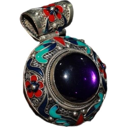 Chinese Old Craft Made Old Tibetan Silver Cloisonne Inlaid Zircon Pendant