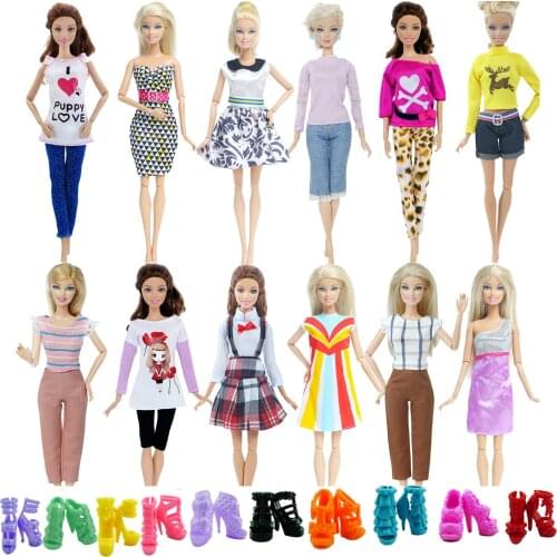 Random 20 Pcs/Lot =10 Shoes +10 Sets Fashion Outfit Blouse Trousers MIni Dress Shorts Pants Skirt Clothes for Barbie Doll Toy