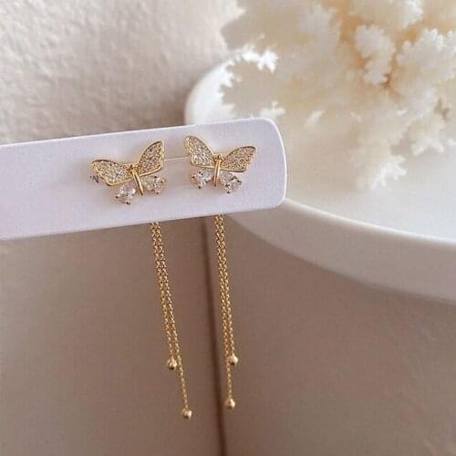 Korean fashion Crystal Butterfly Stud Earring for Women Girl bling Aesthetic insect Elegant Long Tassel Hanging Earring Jewelry