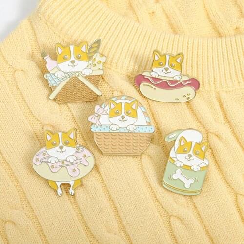 Yellow dog Donut basket bone dog cute Pink Bow Cute Pet Series brooch pin enamel Bag accessories Jewelry Gifts for students