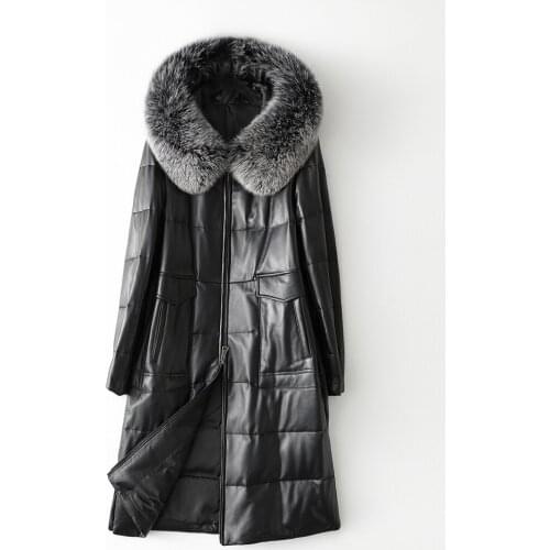 Free Shipping New Genuine Lamb Leather Jacket Long Womens Down Coat with Fox Fur hood edge Sheepskin Wholesale Retail OEM