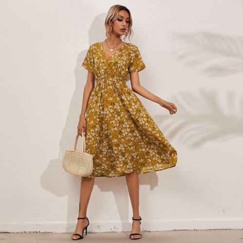 Summer fashion new V-neck short sleeve floral print short sleeve dress